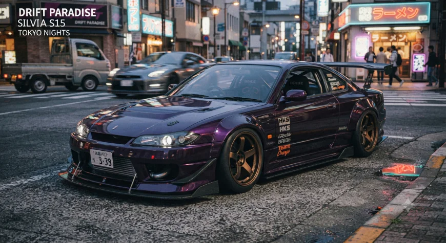 Nissan Silvia S15 parked showing its distinctive drift-era styling