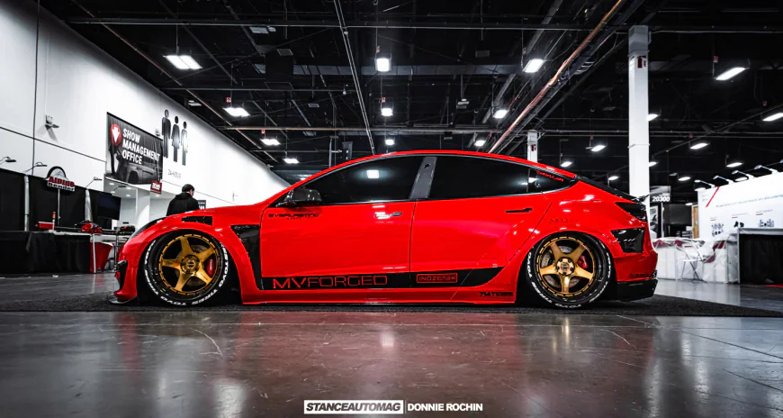red bagged telsa model 3 at sema 2025