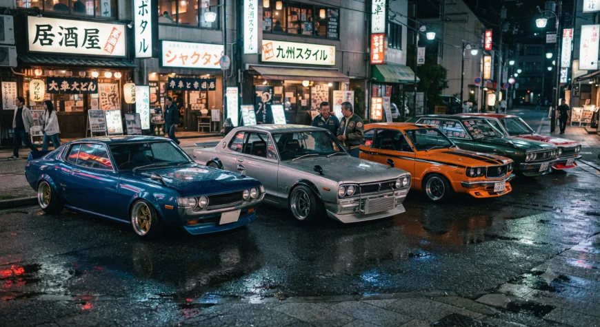 line up of classic japanese cars