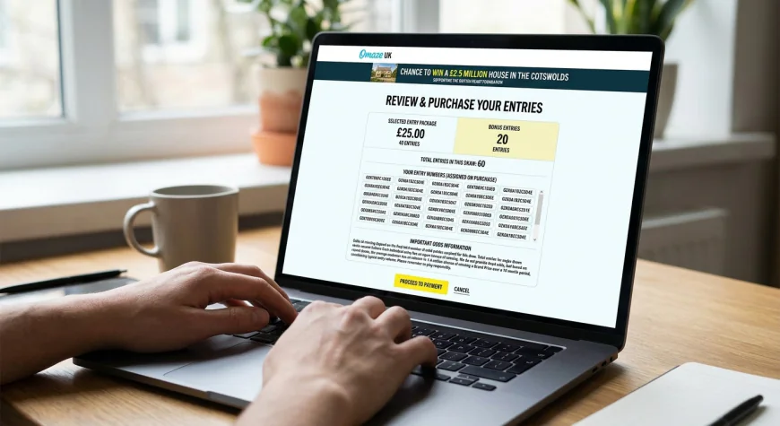 Omaze prize draw ticket entry screen showing odds and entry numbers on a laptop