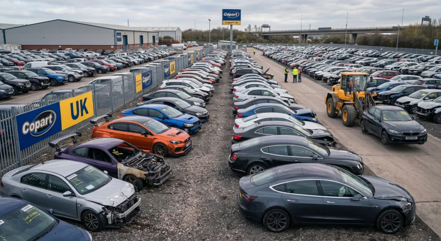 Rows of salvage cars at a Copart UK auction yard