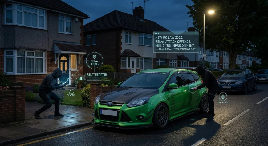 Thief using a signal relay device outside a house to steal a keyless modified car, illustrating the UK's new 2026 relay attack law