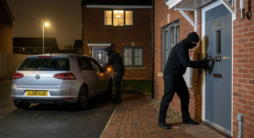 Thief using a signal relay device outside a house to steal a keyless modified car, illustrating the UK's new 2026 relay attack law