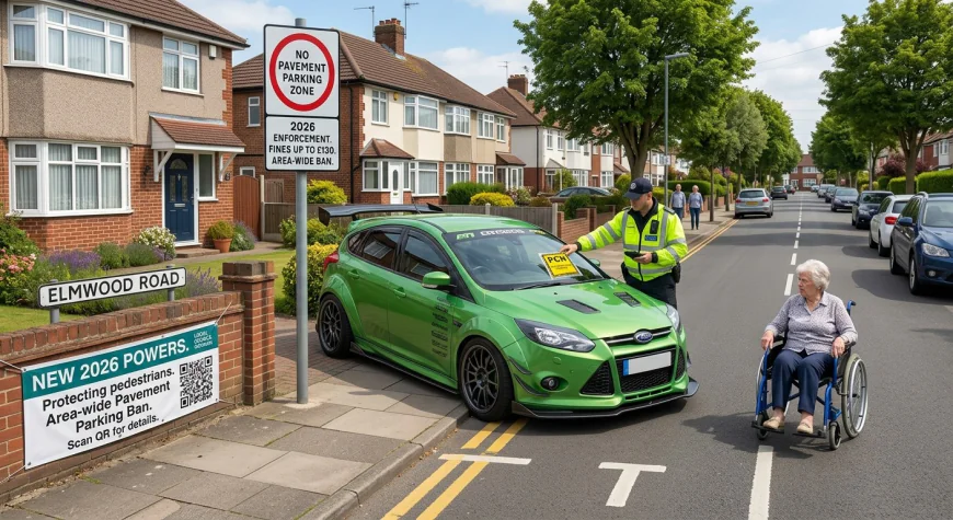 Modified car parked on a residential UK street next to a pavement, illustrating new 2026 pavement parking enforcement laws