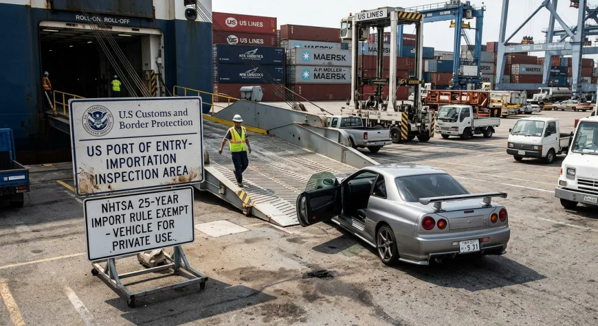Right-hand drive Japanese JDM car being unloaded at a US port under the 25-year import rule
