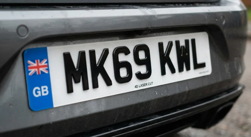 Close-up of a raised 4D acrylic number plate on a UK car showing laser-cut characters
