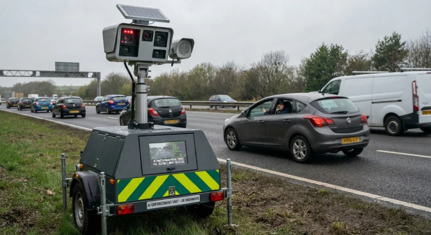 AI-enabled roadside camera trailer monitoring UK traffic for phone use, seatbelts, and exhaust noise