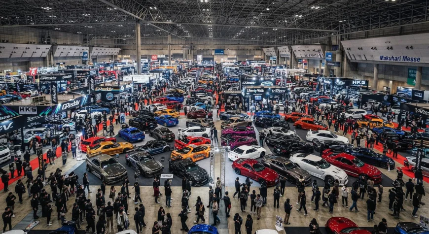 A wide shot of the Tokyo Auto Salon show floor at Makuhari Messe showing hundreds of modified JDM cars