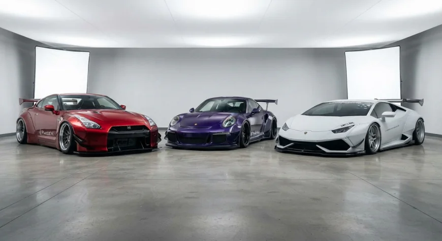 Three cars side by side wearing Pandem, Rocket Bunny and Liberty Walk widebody kits