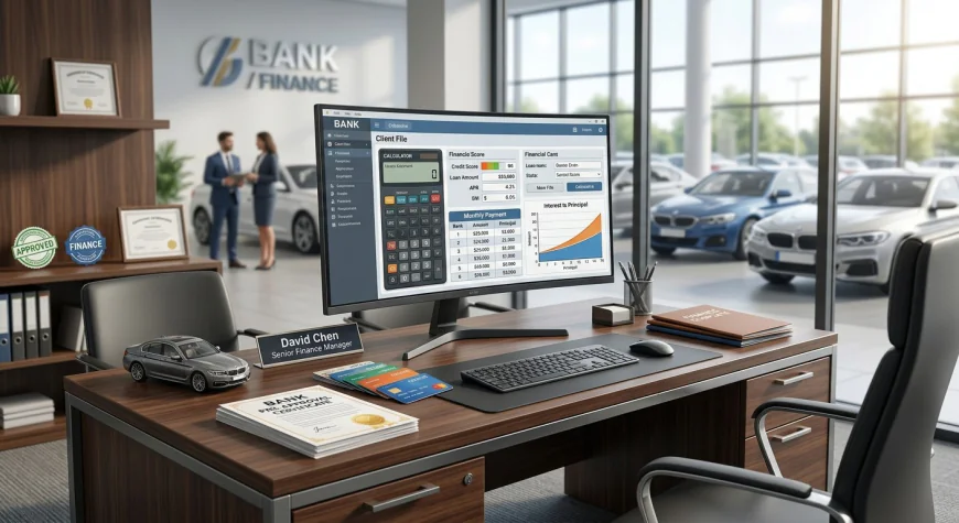 Office desk with car finance computer on the computer screen