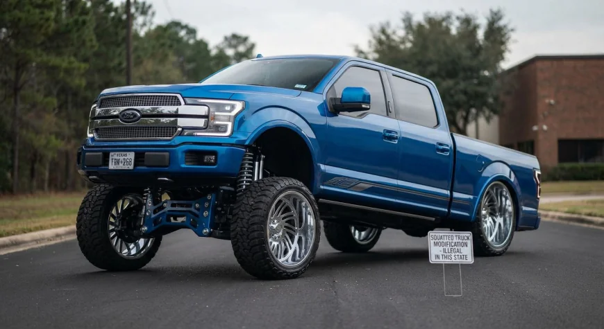 Squatted pickup truck with raised front end and lowered rear, the modification style now banned in several states