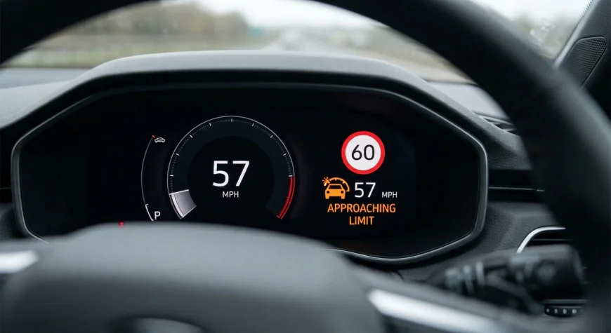 Dashboard display showing Intelligent Speed Assist warning as a car approaches the posted speed limit