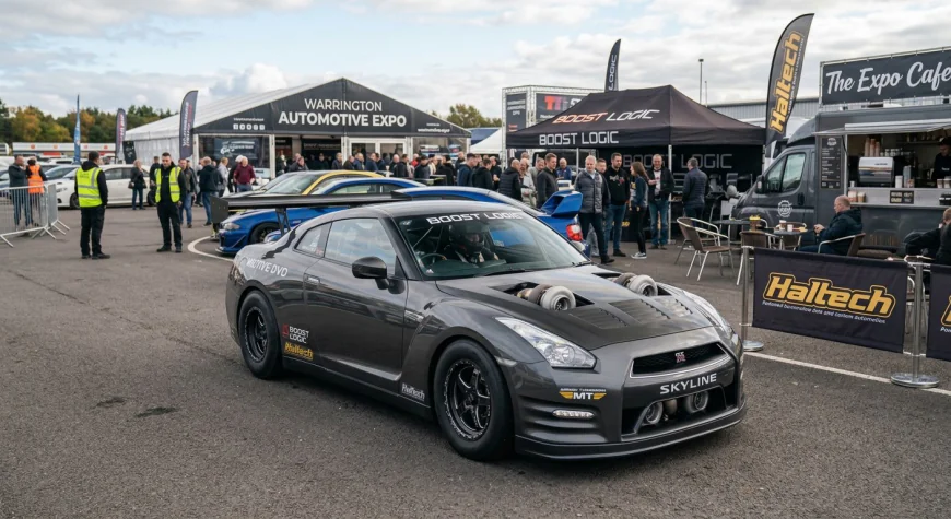 Heavily modified twin-turbo Nissan GT-R drag car staged at a race event