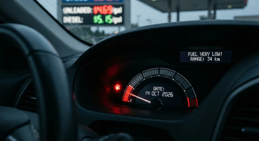 A car fuel gauge near empty representing rising fuel costs and the need to save fuel in 2026