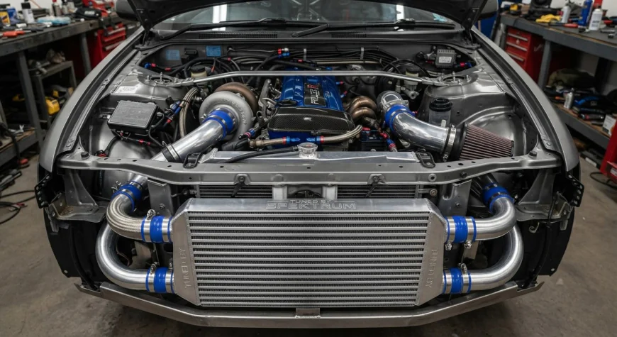 A large front-mount intercooler installed in a turbocharged modified car engine bay