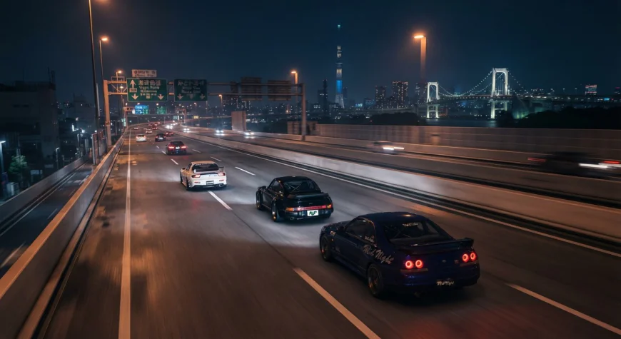 The Wangan elevated highway at night representing the secretive Mid Night Club Japan racing culture