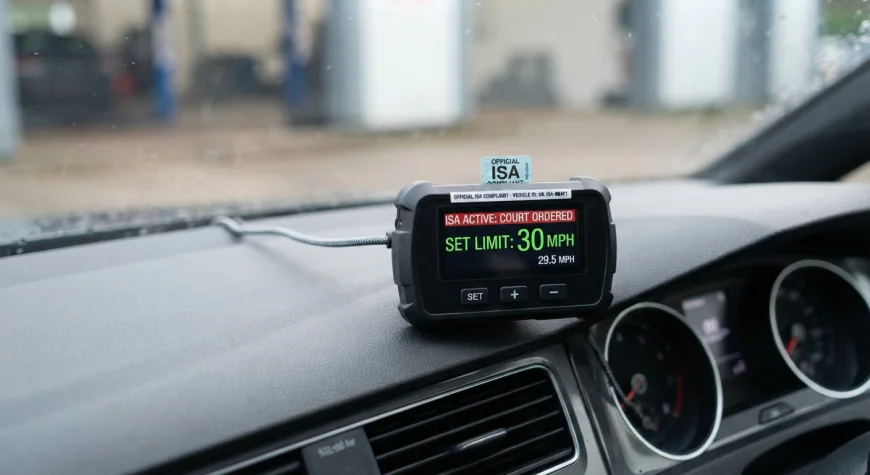 Dashboard GPS speed limiter device installed in a car under a court-ordered Intelligent Speed Assistance program