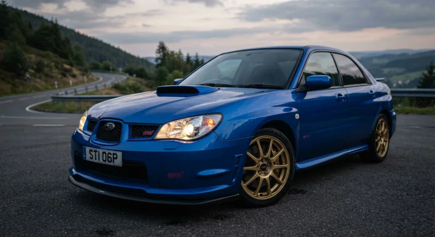 A Subaru Hawkeye WRX STI in Plasma Blue showing its distinctive facelift headlights