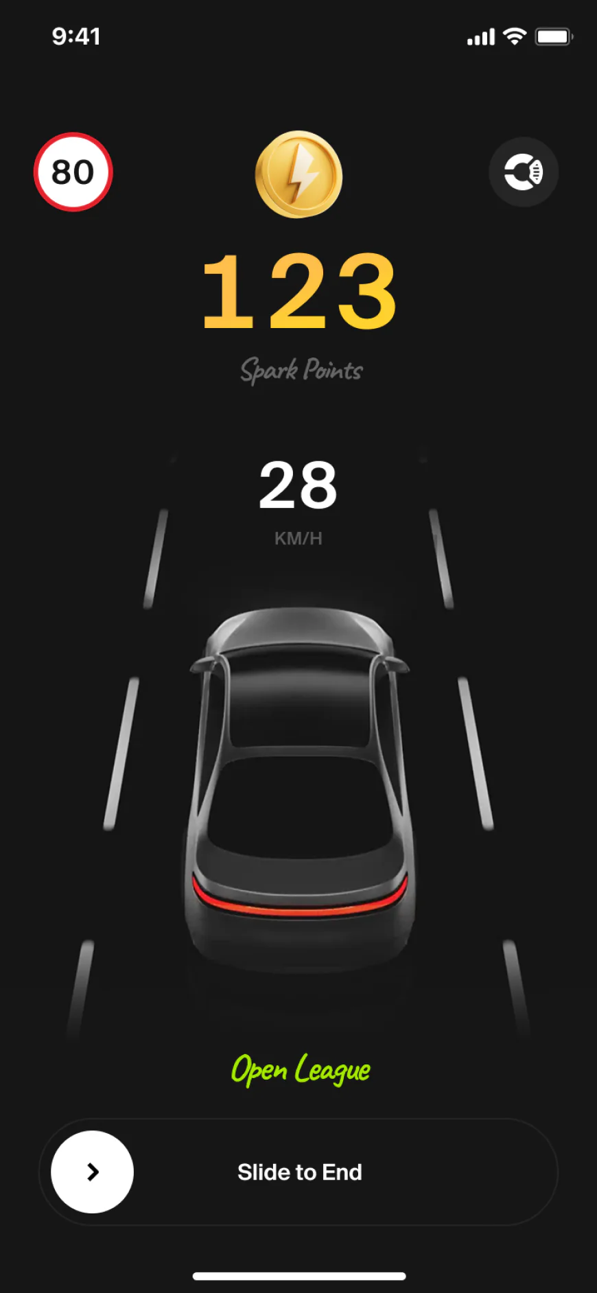 Smartphone displaying the OONE World driving app inside a modified car