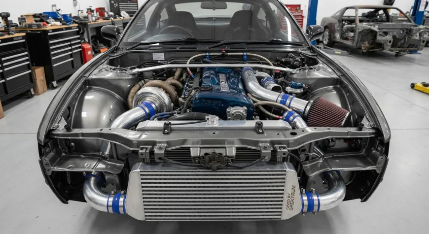 A turbocharged engine bay with supporting modifications installed in the correct sequence