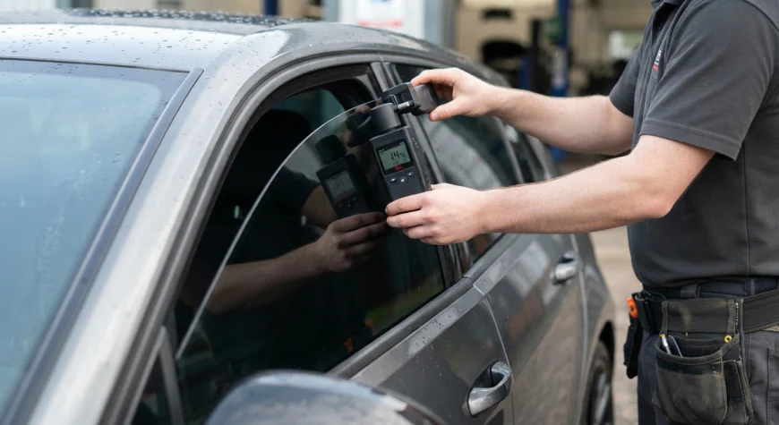 Tint meter measuring visible light transmission on a modified car's front window during inspection
