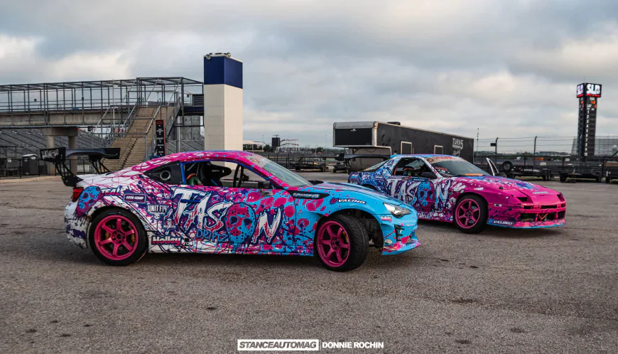 2 drift cars side by side on track in the usa