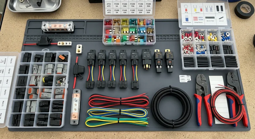 Car wiring connectors, fuses and relay laid out ready for a clean modified car electrical install
