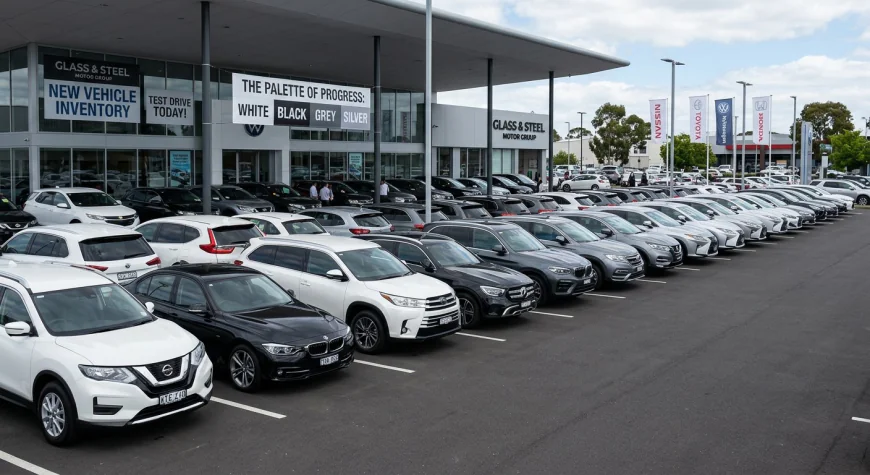 Row of new cars in a dealership showing the range of white, black, grey and silver paint options