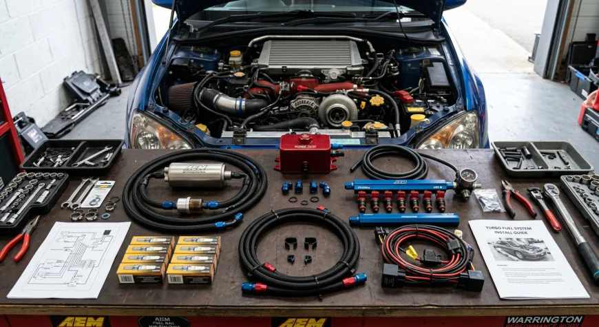 A high-flow fuel pump and upgraded injectors laid out for installation in a turbocharged modified car