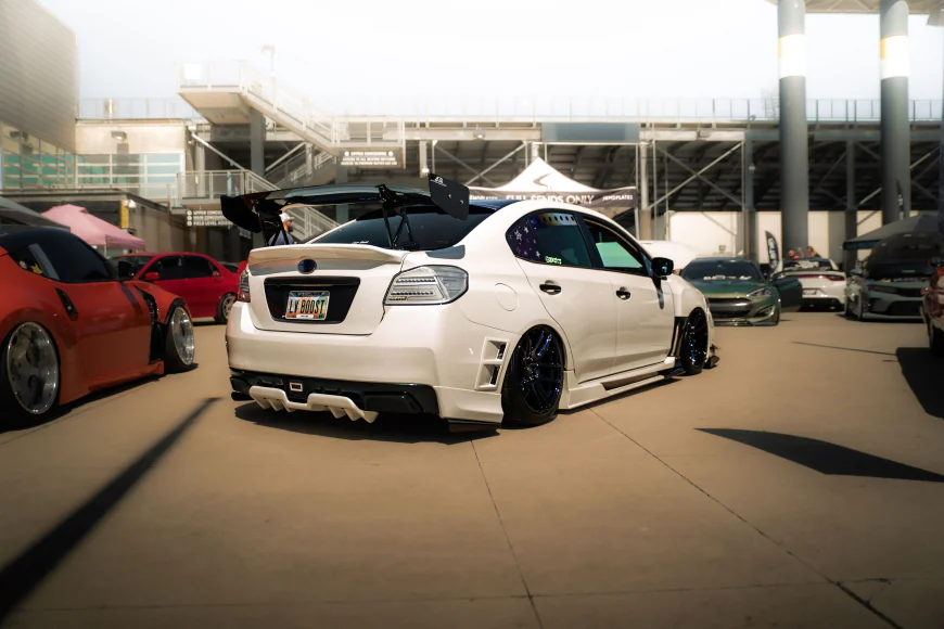 2015 Subaru WRX build shot from the rear at a car show